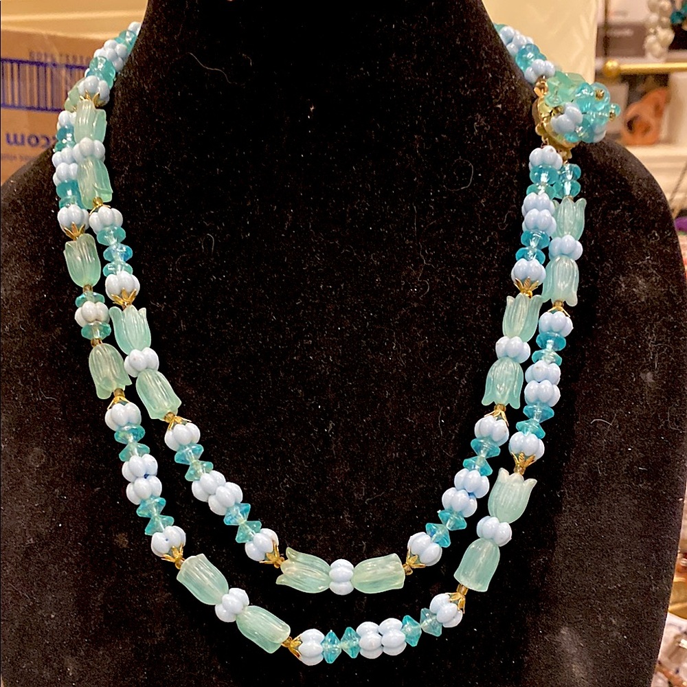 Hong Kong Blue and Gold Beaded Necklace. Beautiful Tulip Shaped Beads. 2 Strand